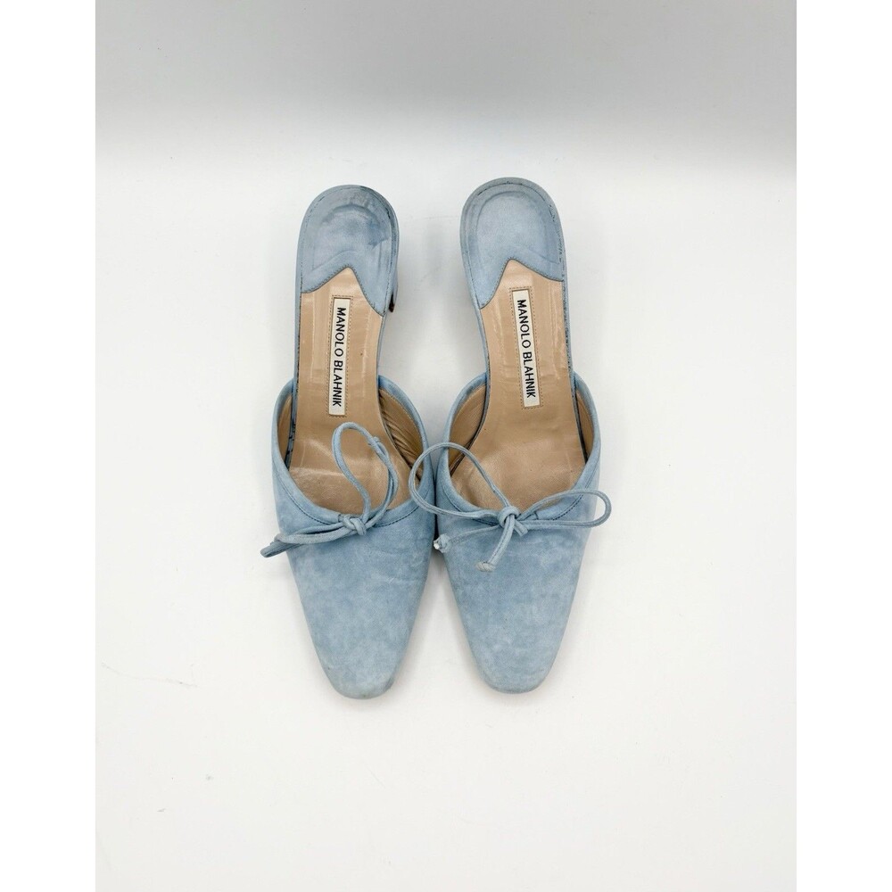 Manolo Blahnik Baby Blue Suede Mules Kitten Heels Bow Accent Size EU 37.5
